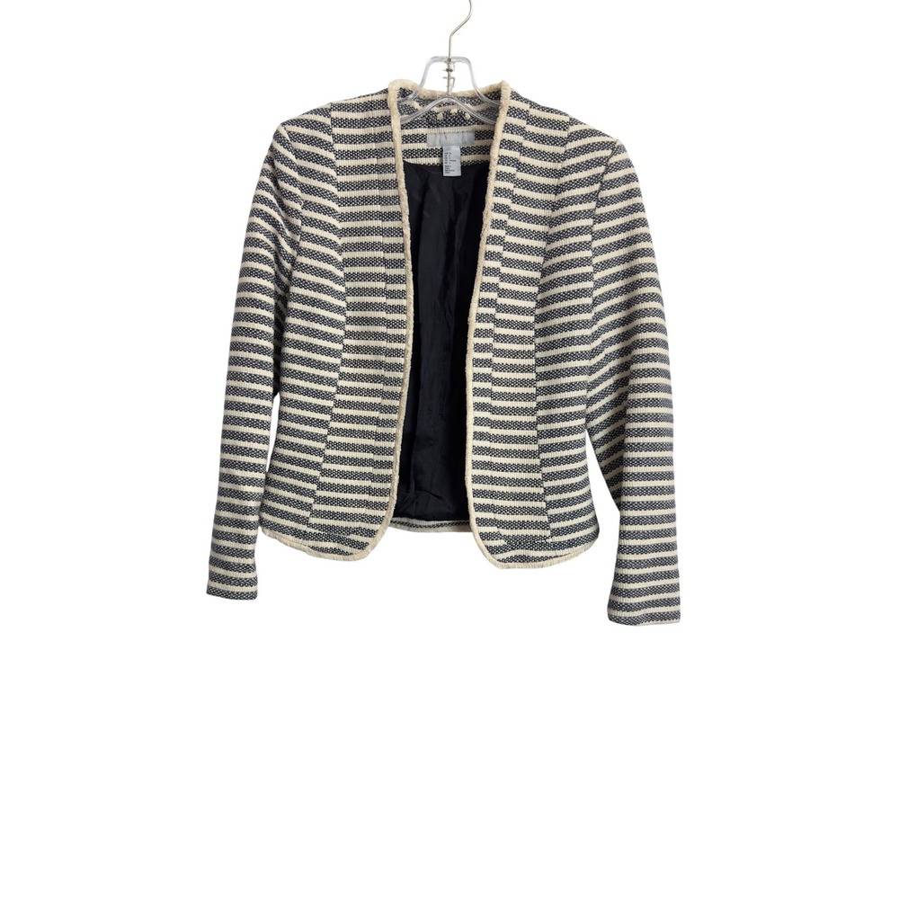H&M‎ Women Navy White Striped Open Front Textured Fringe Trim Blazer Jacket Sz 6